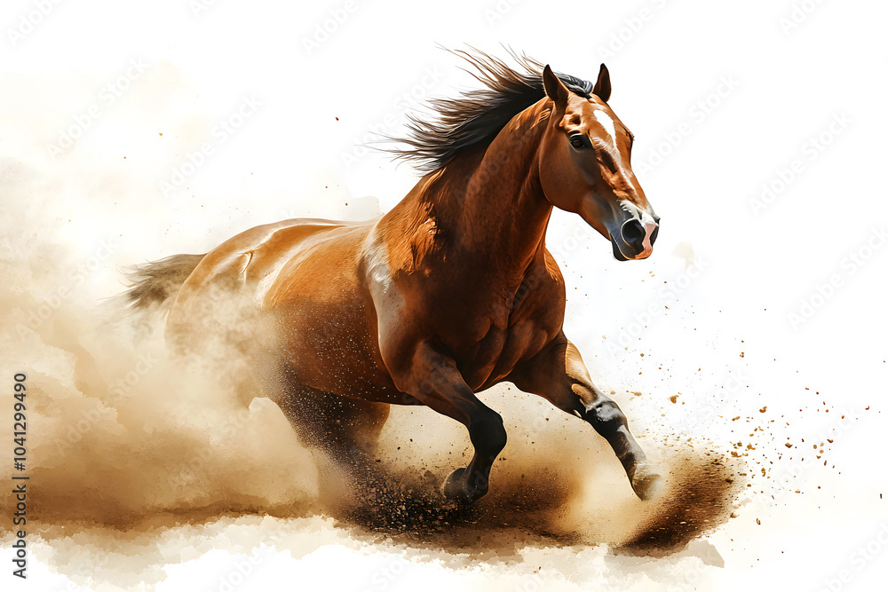 Fototapeta premium chestnut Quarter Horse cutting cattle, making sharp turns with incredible agility and focus in a dusty arena