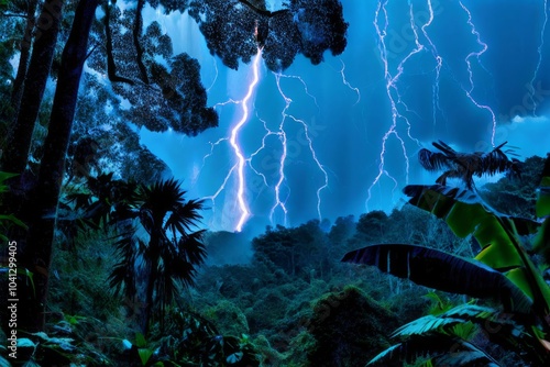 lightning over a jungle canopy a dense jungle canopy is illumina photo