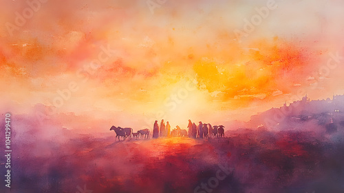 A watercolor depiction of the Nativity at dawn, with soft pinks and oranges blending into the sky, casting a gentle light over the Holy Family and the animals gathered around the manger