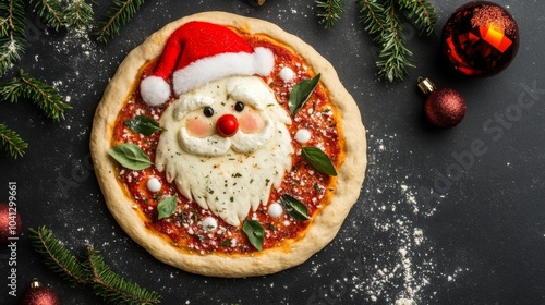 Festive Santa-shaped Pizza with Christmas Baubles - Holiday Food Concept