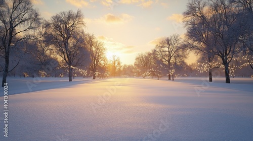 Fototapeta Naklejka Na Ścianę i Meble -  Snow-covered landscape at sunset with bare trees and soft light.