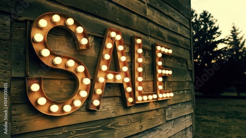 3d Led Light sale written banner on wall Sale wirtten with Led Bulbs lighting background for discount banner, poster, flyer, brochure, wooden wall. photo