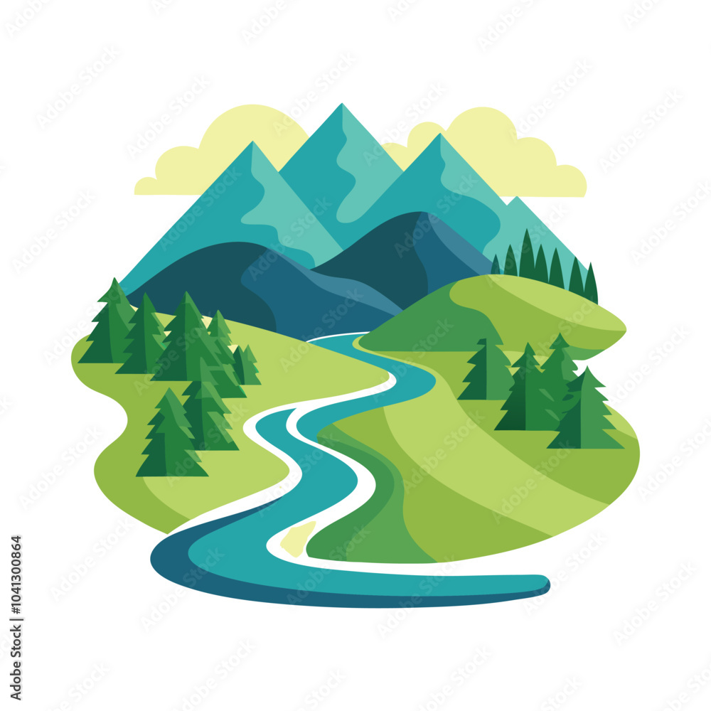 Obraz premium Beautiful mountain river vector illustration featuring lush green hills, tall pine trees, and waters
