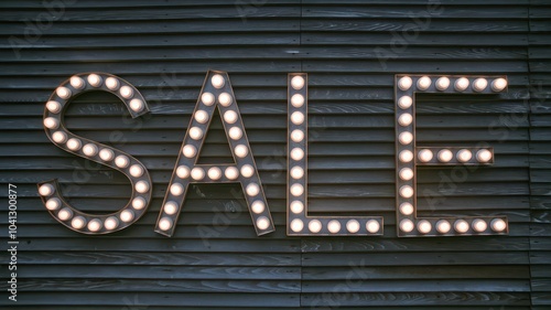 3d Led Light sale written banner on wall Sale wirtten with Led Bulbs lighting background for discount banner, poster, flyer, brochure, wooden wall. photo