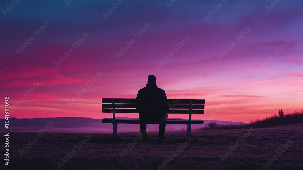 Lonely figure sitting on bench, gazing at desolate landscape, contemplating life's emptiness. Lonely figure sitting on bench, gazing at desolate landscape, contemplating life's emptiness.