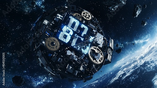 Futuristic Floating Digital Clock in Space with Exposed Gears photo