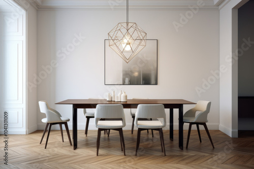 A contemporary dining room with a minimalist table and modern armchairs