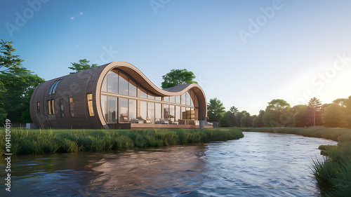 3d rendering of modern house by the river at evening, house, luxury, villa, modern, architecture, building, exterior, residential, property, designer
 photo