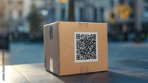 Cardboard Parcel Box with QR Code and Digital Label Representing Smart Shipping and Logistics photo