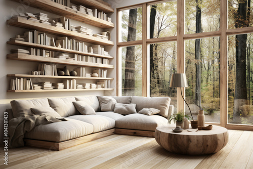 modern living room with large windows and books shelf