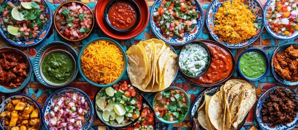 Fototapeta premium A colorful and diverse spread of traditional Mexican food, including rice, salsa, tortillas, and various sauces, ready to be enjoyed.
