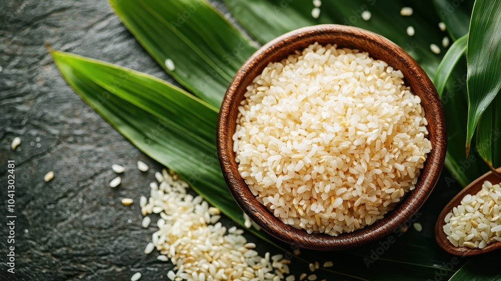 Brown Rice and White Rice in Rustic Bowl Brown Rice and White Rice in Rustic Bowl