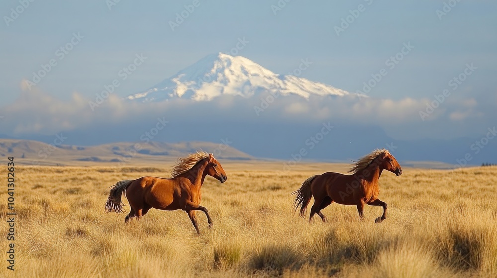 Two wild Kaimanawa horses running in New Zealands Central Plateau, with Mount Ruapehu Two wild Kaimanawa horses running in New Zealands Central Plateau, with Mount Ruapehu