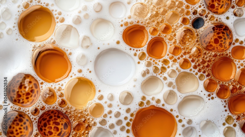 A close-up view of colorful bubbles on a white surface, showcasing an intriguing mix of orange, brown, and cream hues. A close-up view of colorful bubbles on a white surface, showcasing an intriguing mix of orange, brown, and cream hues.