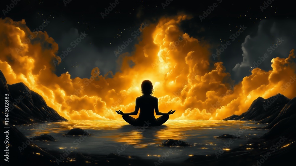 Silhouette of Person Meditating by a Calm Lake Under Golden Clouds, Symbolizing Inner Peace and Spiritual Enlightenment Silhouette of Person Meditating by a Calm Lake Under Golden Clouds, Symbolizing Inner Peace and Spiritual Enlightenment