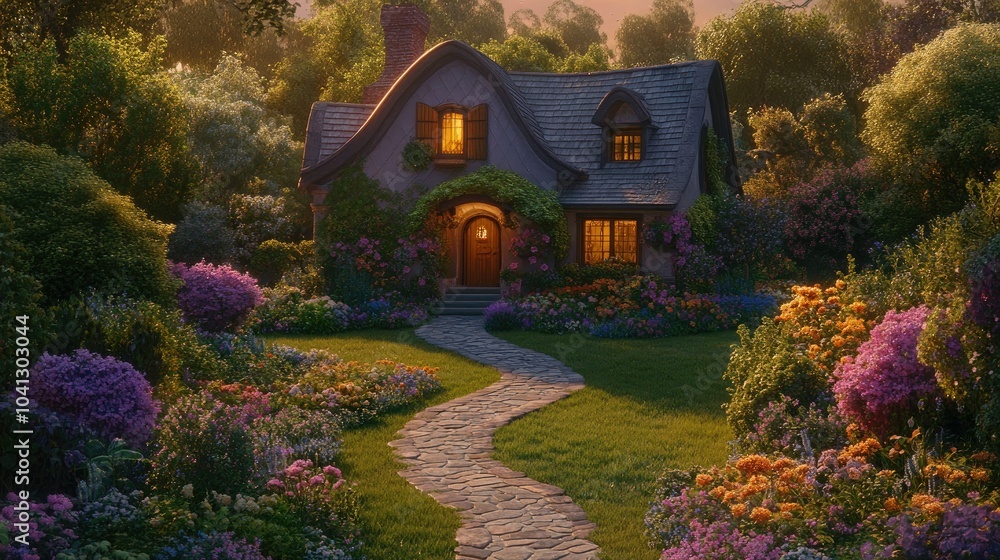 Fototapeta premium A charming house bathed in the warm glow of golden hour, surrounded by vibrant flowers, a manicured lawn, and a winding stone path