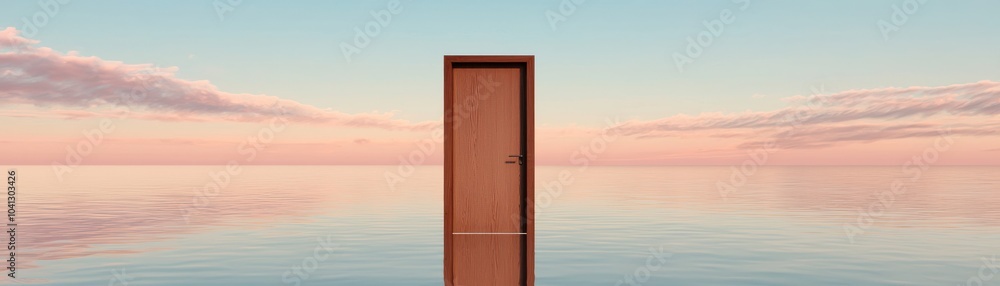 Fototapeta premium A solitary wooden door stands on a serene water surface against a pastel sky.