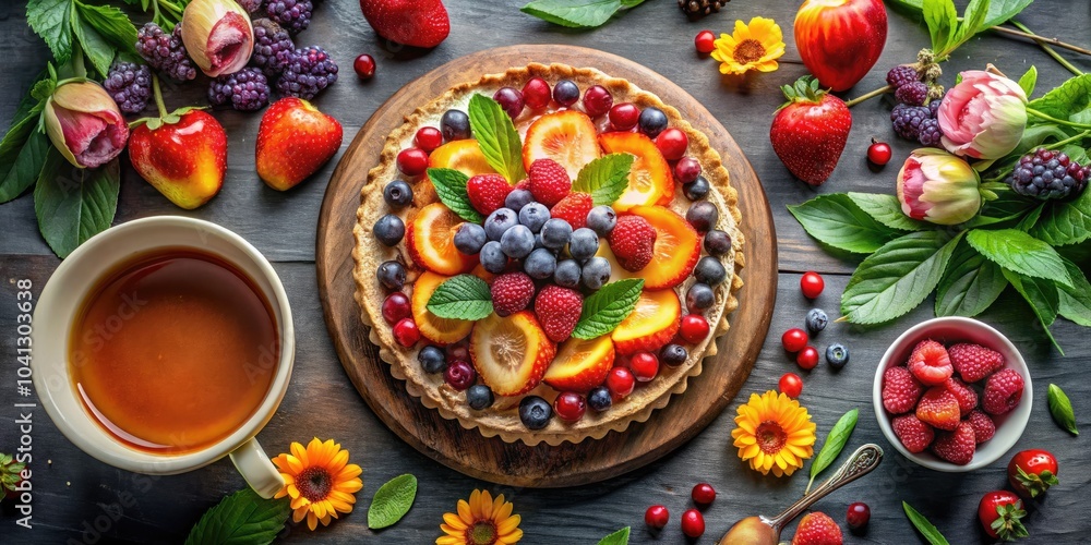 Delightful Fruit Tart and Tea Setup - Aerial View of Colorful Dessert Composition with Fresh Fruits, Herbal Tea, and Elegant Tableware for Café and Culinary Inspiration Delightful Fruit Tart and Tea Setup - Aerial View of Colorful Dessert Composition with Fresh Fruits, Herbal Tea, and Elegant Tableware for Café and Culinary Inspiration