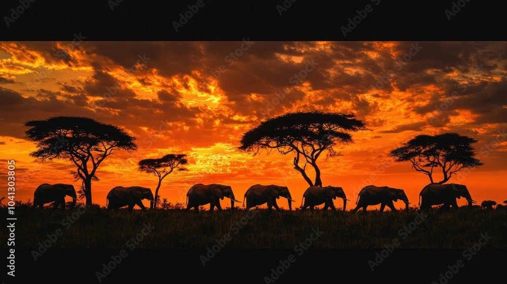 A fiery sunset lights up the sky as a majestic elephant herd crosses the savanna, silhouettes of acacia trees framing the scene A fiery sunset lights up the sky as a majestic elephant herd crosses the savanna, silhouettes of acacia trees framing the scene