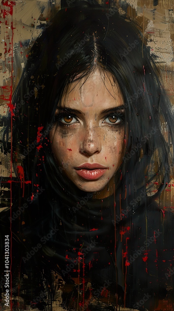 Intense Portrait of a Woman with Dark Hair and Red Splashes Intense Portrait of a Woman with Dark Hair and Red Splashes