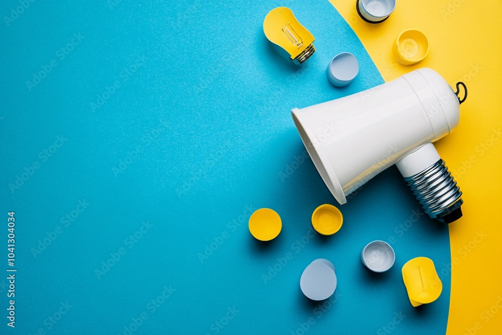 Creative Marketing Concept: Megaphone and Light Bulb on Blue and Yellow Background Creative Marketing Concept: Megaphone and Light Bulb on Blue and Yellow Background