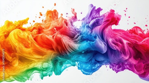 A fluid rainbow wave of paint moves across a white background in an abstract design, colors blending smoothly in an energetic, flowing motion.