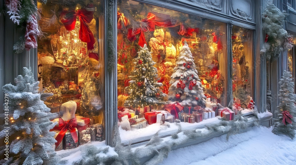 Festive christmas shop window display with snowy winter scene Festive christmas shop window display with snowy winter scene