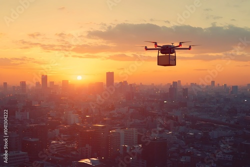 Drone Carrying Parcel Box Over Cityscape At Sunset Representing Future Of Urban Deliveries