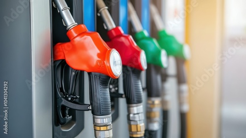 Colorful fuel pumps at gas station for energy and transportation concepts