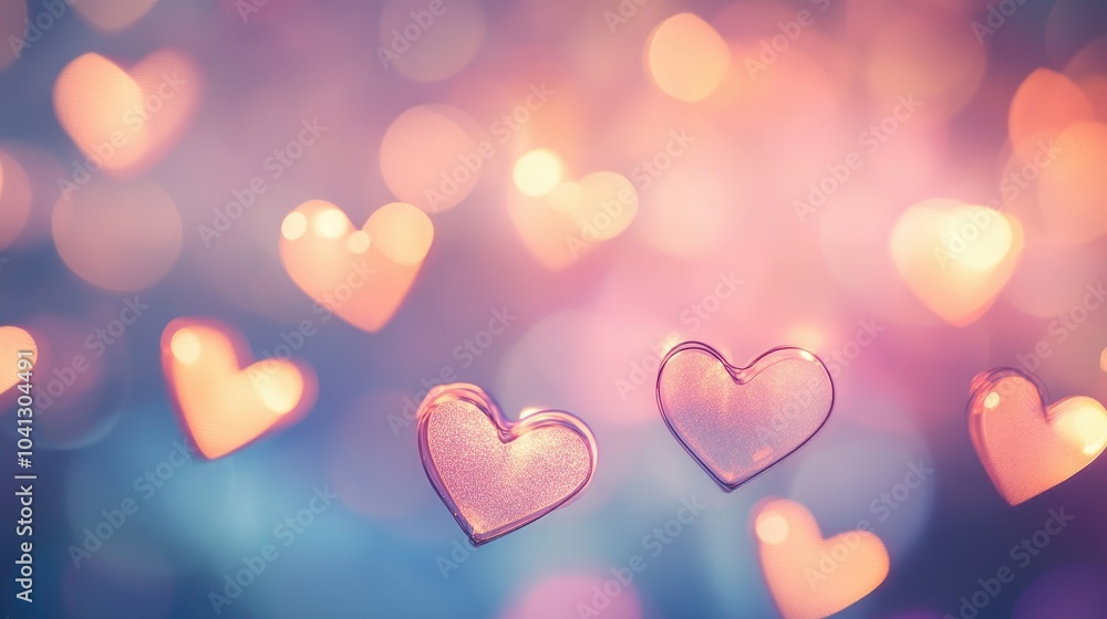 A gentle array of heart-shaped bokeh lights, softly glowing against a dreamy pastel background, creating a romantic atmosphere. A gentle array of heart-shaped bokeh lights, softly glowing against a dreamy pastel background, creating a romantic atmosphere.