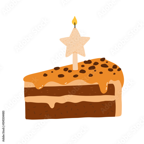 Birthday cake slices set. Sweet holiday bakery pieces collection. Pastry chocolate fruit, berry dessert with candles for breakfast. Vector hand drawn flat cartoon illustration