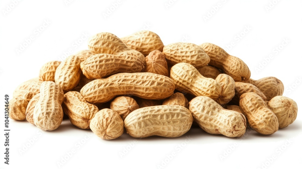 A heap of peanuts arranged against a white background, focusing on their earthy tones and natural textures A heap of peanuts arranged against a white background, focusing on their earthy tones and natural textures