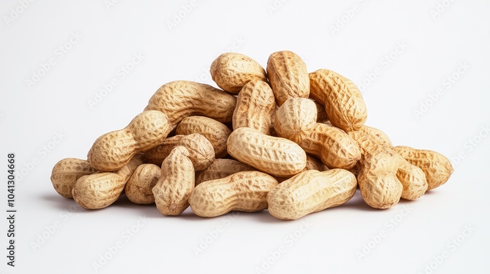 A heap of peanuts arranged against a white background, focusing on their earthy tones and natural textures A heap of peanuts arranged against a white background, focusing on their earthy tones and natural textures