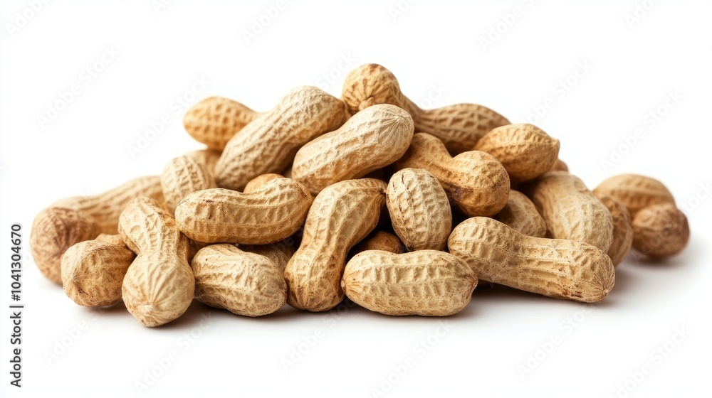 A heap of peanuts arranged against a white background, focusing on their earthy tones and natural textures A heap of peanuts arranged against a white background, focusing on their earthy tones and natural textures