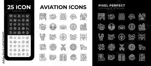 Aviation linear icons set for dark, light mode. Air travel. Aviation technology. Travel services. Airport operations. Thin line symbols for night, day theme. Isolated illustrations. Editable stroke