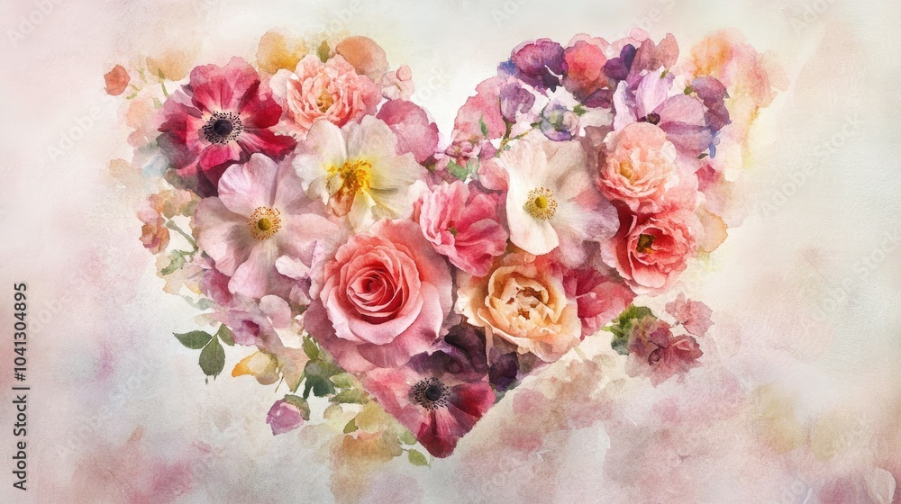 A heart-shaped arrangement of soft watercolor flowers, exuding delicate affection and romantic beauty in every petal. A heart-shaped arrangement of soft watercolor flowers, exuding delicate affection and romantic beauty in every petal.