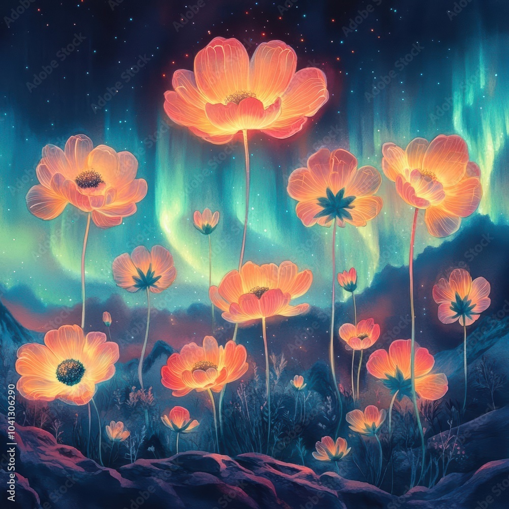 Intriguing glowing flowers under an aurora sky, surreal neon dream, watercolor magic Intriguing glowing flowers under an aurora sky, surreal neon dream, watercolor magic