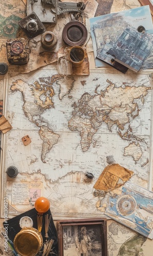 Vintage world map with antique tools and pictures. #1041306270