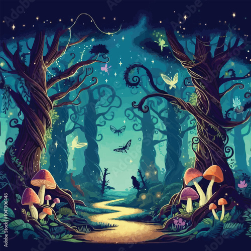 Mystical woodland with ancient trees lush vegetation and sparkling fairy lights background