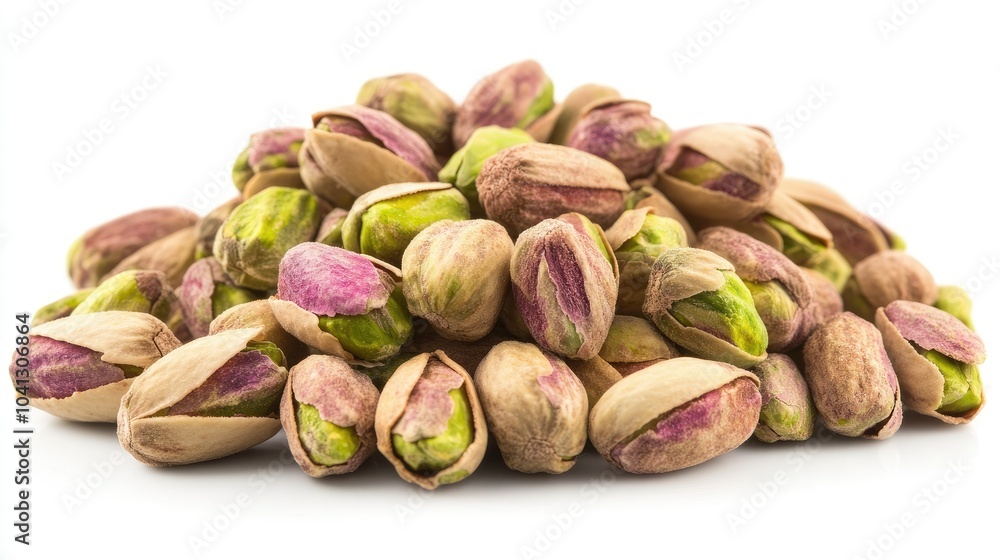A natural pile of unshelled pistachios isolated on a white background, the earthy tones of the nuts standing out against the clean backdrop A natural pile of unshelled pistachios isolated on a white background, the earthy tones of the nuts standing out against the clean backdrop