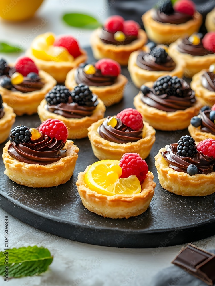 Mini Tarts With Variety of Sweet Fillings on Wooden Platter Representing Pastry Making Creativity Mini Tarts With Variety of Sweet Fillings on Wooden Platter Representing Pastry Making Creativity