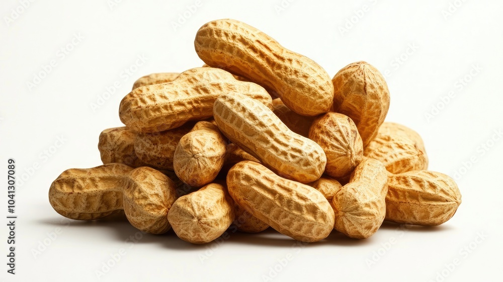 A pile of mouthwatering peanuts isolated on a white background, showcasing their natural texture and earthy tones A pile of mouthwatering peanuts isolated on a white background, showcasing their natural texture and earthy tones