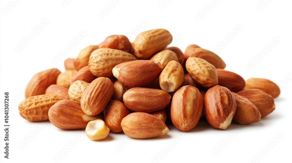 A pile of mouthwatering peanuts isolated on a white background, showcasing their natural texture and earthy tones A pile of mouthwatering peanuts isolated on a white background, showcasing their natural texture and earthy tones