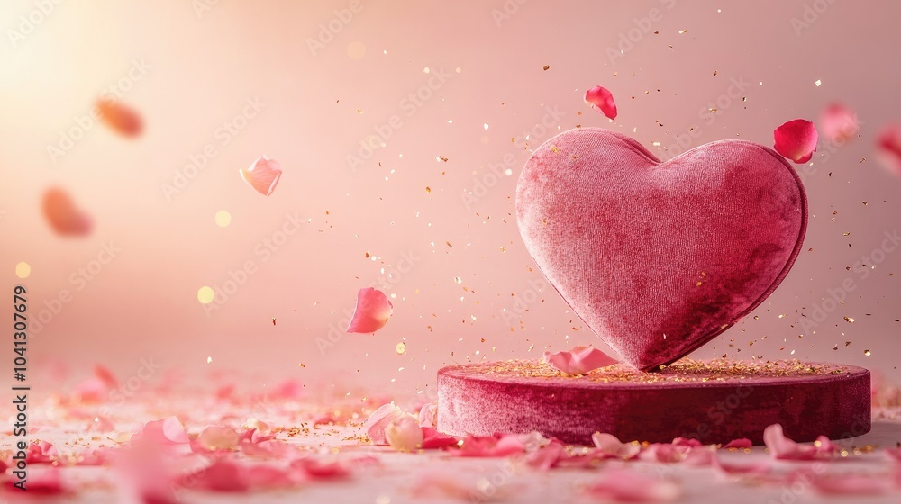Fototapeta premium A romantic display of a heart-shaped velvet podium, surrounded by gently falling rose petals, gold dust sparkling in the air, soft pink background