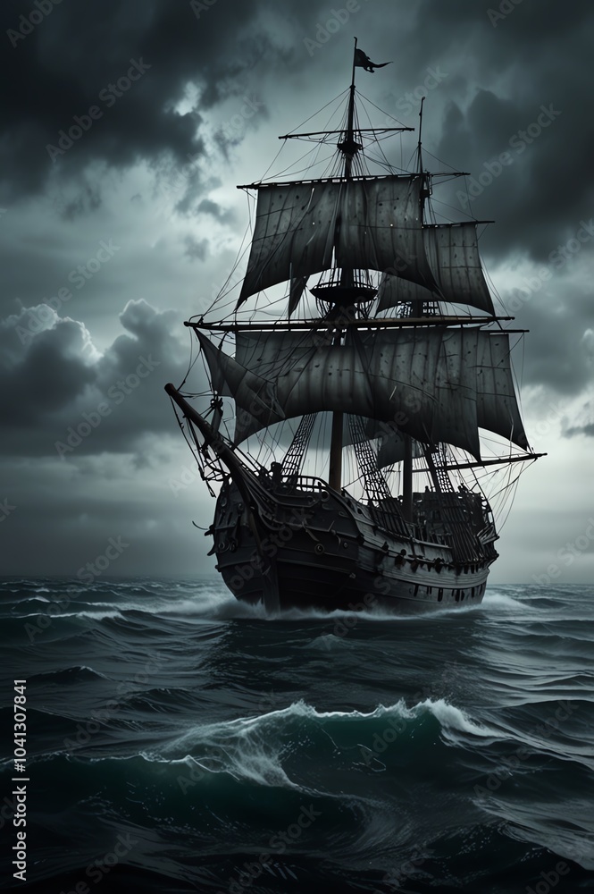 Obraz premium A dramatic image of a tall ship sailing through stormy seas