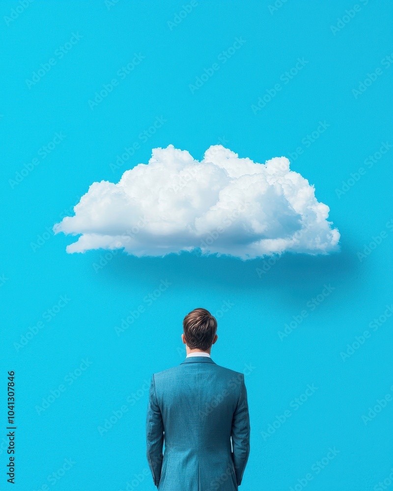 Man in a suit contemplating a cloud in a blue sky, representing ideas and aspirations. Man in a suit contemplating a cloud in a blue sky, representing ideas and aspirations.