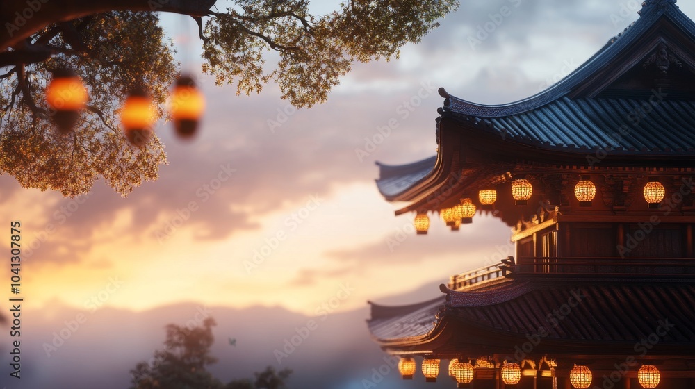 Japanese temple glowing lanterns inside transparent lightbox, soft twilight sky Japanese temple glowing lanterns inside transparent lightbox, soft twilight sky