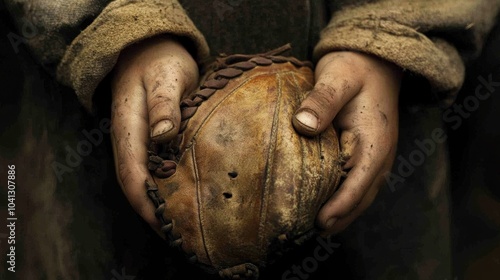 Holding on to Memories: A Worn Baseball Glove in Child's Hands