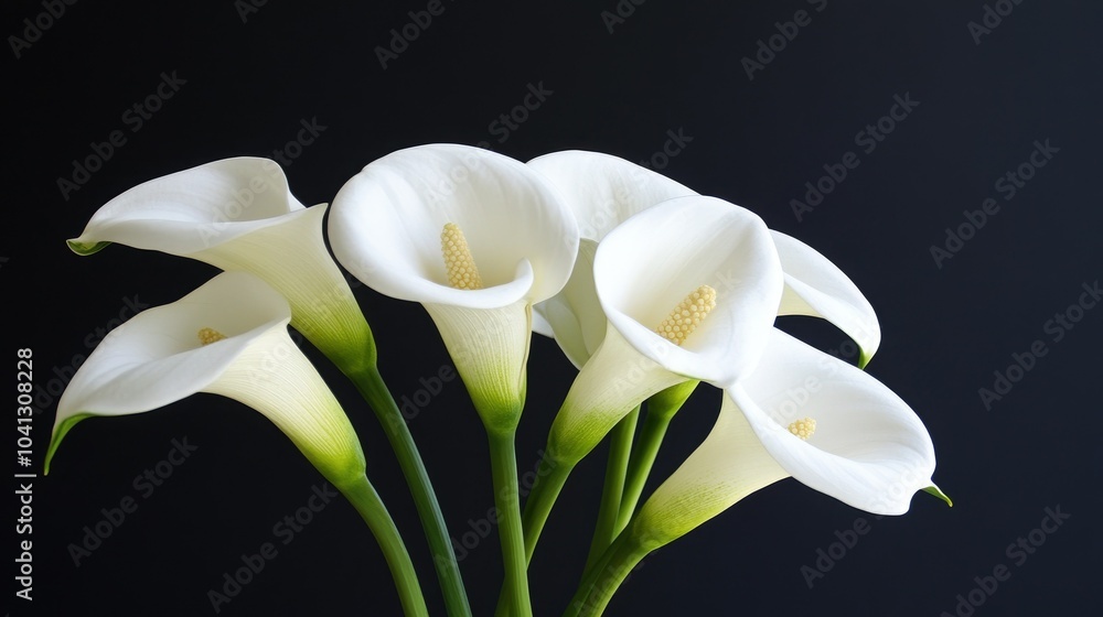 Obraz premium A serene arrangement of white calla lilies against a dark black background, capturing the simplicity and elegance of these flowers, often used in sympathy and funeral bouquets.