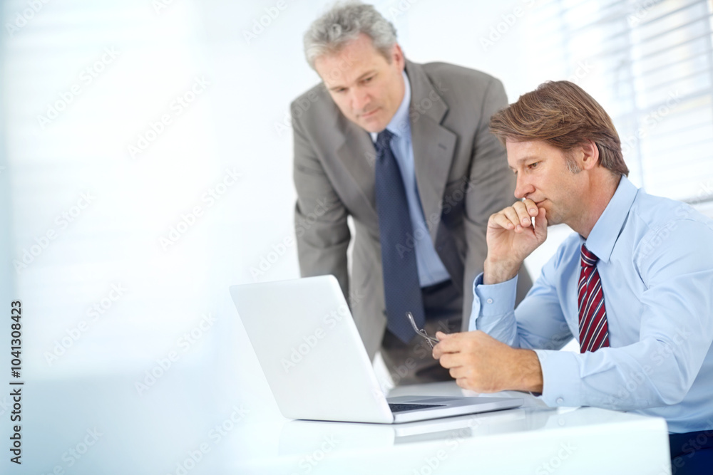 Laptop, meeting and business men in office for website, research and stock trading results. Corporate, teamwork and workers on computer for financial review for finance, collaboration and help Laptop, meeting and business men in office for website, research and stock trading results. Corporate, teamwork and workers on computer for financial review for finance, collaboration and help